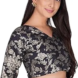 fressia fabrics Women's Dola Silk Banarsi V Neck Readymade Saree Blouse-picture-14