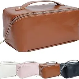ROMINO Wide Opening Leather Travel Makeup Organizer Pouches for Women, Large Capacity Cosmetic Bag with Handle and Divider, Multifunctional Travel Pouch Vanity Makeup Bag, Waterproof, 12 Cm (Brown)-image-46