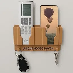 UNIQUE GOODS HAVEN Wall Mounted Mobile Holder with Remote Storage Rack, Key Hook & Pen Holder – Self-Adhesive Multipurpose Plastic Wall Organizer for Home & Office - Multicolor image 1