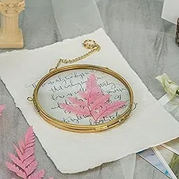 Spaziomaker Collections Wall Hanging Round 8" Brass Glass Photo Frame for Dried & Pressed Flowers, Poster, Double Floating Frame for Gifting, Wall Décor for Home & Office, Vintage Style Decoration (Golden, Pack of 1)-picture-16