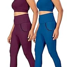 kashikay creation Women’s Polyester Blend Tracksuit Top and Bottom Set with Solid Pattern Stretchable High Waist Leggings Sleeveless Round Neck and Standard Length | Workout Pants for Yoga | Pack of 2-picture-42