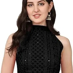 sumaira tex Women's Halter Neck Designe Top Solid Chickankari Thread Embrodery Work Readymade Sleeveless Saree Blouse-picture-10