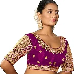 pujia mills Women's Indian Ethnic Wear Designer Golden Codding with Matching Embroidered Work Round Neck Half Sleeve Readymade Padded Saree Blouse Readymade Work Blouse-picture-13