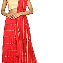 Women Chanderi Saree With Unstitched Blouse Piece Broad Striped In Golden Zari Handloom Handwoven Silk Cotton Naturally Dyed Free Size Traditional Wedding Lightweight Breathable Comfortable (Red)-image-27