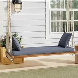 Natural Wooden Patio Hanging Swing Chair – 4x2 ft Porch Swing with Cushions, Pillows & 8 ft Rope – Outdoor Seating for Backyard, Lawn & Garden-picture-13