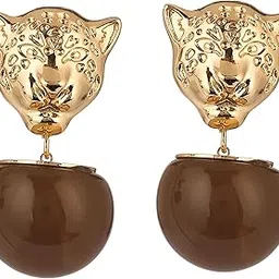 minji and co. Panther Design Hanging Earrings for Women in Gold Color with Brown Stone, 3.5 CM x 2 CM Size, Stud Style, Casual Fashion Jewelry (Brass Base)-picture-11