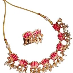 Lotus Floral Gold-Plated Necklace Set for Women | Pink & Green Enamel Pearl Jewellery with Earrings | Traditional Temple Style Adjustable Thread Set for Festive & Wedding-Wear-picture-39