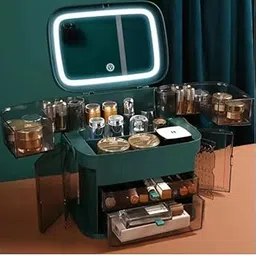 LED Makeup Vanity Case, Cosmetic Organiser with Illuminated Mirror, Multiple Compartments (Green)-picture-45