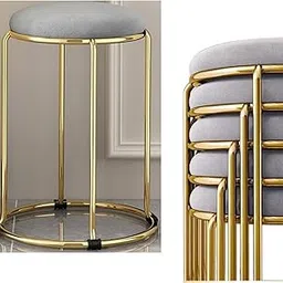 18 Inch Round Velvet Stools RELQUATTY Thickened 9.5mm Metal Vanity Seat Sitting Chairs for Dinning, Kitchen, Home, Salon, Stackable (Gold+Grey) (4) image 1