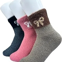 3 Pair Bow Multi Color Fur Socks Soft & Cozy Solid Fur Winter Woolen Thick Warm Fur Lined Stretchy Elastic Socks (Without Thumb) for Girls/Ladies/Women-image-31