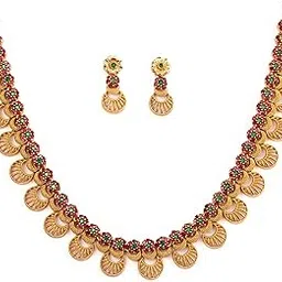 sasitrends Traditional Matte Gold Plated American Diamond Studded Necklace Jewellery Set with Intricate Design for Women & Girls-picture-50