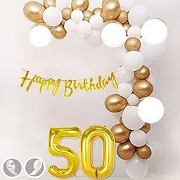 50th Birthday Decoration Items Gold and White Theme Combination for Boys Girls Men Women| 30 Pcs Gold White Color Balloons| Gold Happy Birthday Cursive Glitter Banner| Arch Tape| Glue Dots-picture-63