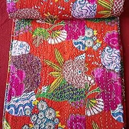 Textile export creations Creations Traditional Ethnic Kantha Indian Bedding Single Emerald Cotton Tropical Fruit Hand Stitched Bedding Bed Cover by Textile export creations Creations(90x60 Inch)-image-70