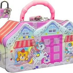 FunBlast Hut Shaped Coin Box For Kids - Unicorn Piggy Bank – Money Saving Metal Coin Bank (Multicolor), Modern-picture-57