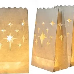 Homemory 24 PCS White Luminary Bags, Flame Resistant Candle Bags, Stars Design Luminaries, Halloween, Thanksgiving, Party, Christmas-picture-32
