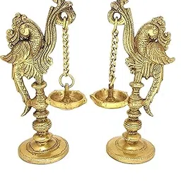 Two Moustaches 7 Inches Peacock on Pillar Design Brass Diya Pair, Brass Diyas for Temple, Diyas for Home Decor, Antique Yellow, Standard, Pack of 2-picture-14