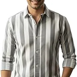 Men's Cotton Blend Striped Button Down Shirt, Slim Fit Collared Casual Overshirt, Grey and White, Machine Washable-picture-34