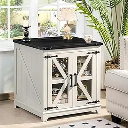 GF Furniture Farmhouse Style Wooden Sideboard Cabinet with Glass Doors ? White & Black Finish, Rustic Buffet Storage Console for Living Room or Entryway-image-4