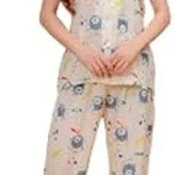 light daisy Women's Printed Night Suit, Short Sleeve Top with Pyjama, Space Bear Pattern, White-picture-43