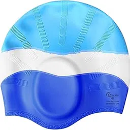 KARBD Silicone Swimming Cap with Ear & Hair Protection Unisex Water Sports Long Hair Cover for Kids Teens Adults (Universal Size, Ear Protection Light Blue White Dark Blue)-picture-24