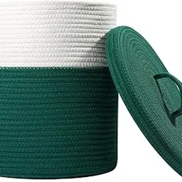 ZEST HOME Storage Basket with Lid, Cotton Rope Storage Baskets, Laundry Hamper, Cloth Bin, for Clothes,Towels, Blankets, Pillows Storage in Living Room-B009- (18x16 Inch)- (White Green)-picture-37