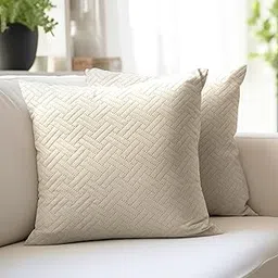 Encasa XO Cushion Covers 50x50 cm Set of 2 | Solid Color Quilted Velvet Sofa Cushion Covers | only Covers No Insert | Both Side Quilted Fabric | Cream | Decorative Pillow Covers for Home-image-32