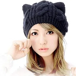 umbresen Amersin Cute Woollike Knitted CAT Kitty Ears Women Lady Girl Headgear Crochet Hats (Black)-picture-12
