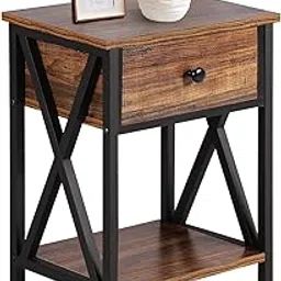 VECELO Modern Night Stand Drawer Versatile Nightstands Lamp Side/End Storage Shelf Table for Living Room Bedroom, Brown-picture-14