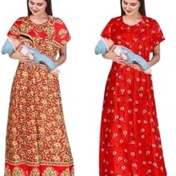 Women's Cotton Maternity Feeding Nighty, Floral Print, Red, Pack of 2-picture-44