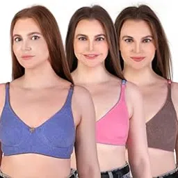 peshe Women's Cotton Blend T-Shirt Bra Combo (Pack of 3) - Full Coverage, Non-Padded, Non-Wired, Adjustable Straps - Comfortable Everyday Bra (Blue, Pink, Brown)-picture-12