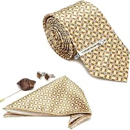 mutaqinoti Mens Beige Silk Necktie Set Incl Pocket Square Cufflinks Chrome Tiepin Brooch American Style Formal Tie Gift Set for Men (BGCP)-picture-17