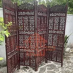 Home & Goods International Wooden Room Divider Partition - Foldable Screen Separator for Living Room, Bedroom, Office, Restaurant || (Kangra Badrun) Red - 4 Panel image 1