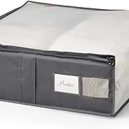 Rayen | Storage box for clothes and bedclothes | Zip-up fabric bag for clothes with breathable, folding and resistant vent | 55 x 65 x 20 cm | Dark Grey/Translucent-picture-21