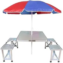 NAITRAZONE Outdoor Aluminium Portable Folding Camp Suitcase Picnic Table with 4 Seats and Umbrella (Multicolour) (A)-picture-10