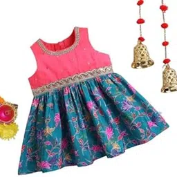 Girls' Sleeveless Floral Printed Knee Length Ethnic Dress, Pink & Blue, Lace Embellished-picture-13