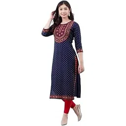 Women's Cotton Kurti, Navy Blue with Polka Dots and Red Border, 3/4 Sleeve Ethnic Dress-picture-32