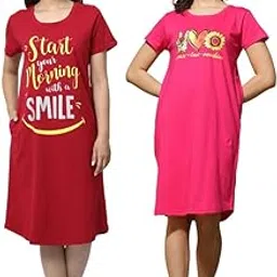9shines label Plus Size Knee Length Premium Hosiery Cotton Night Dress | Short Nighty for Women with Pocket | Graphic Print Nightwear | Women's Short Dress, Combo Pack of 2 (M-7XL)-picture-11