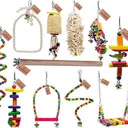 GREENBIRDS TOYS Combo of 11 Pcs Include Colorful Wooden Swing, 2 Spiral Hangings, 3 Pet Perches and 5 Cage Hangings Accessories for Bird & Parrot-image-32