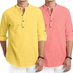 macsivo Men's Cotton Polyester Blend Short Kurta with Mandarin Collar Full Sleeve Button Closure Curved Regular Fit | Mens Wedding Kurta Stylish Latest | Combo Pack of 2-picture-15