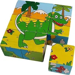 Trinkets & More - 3D Jigsaw Puzzle Wooden Cube Block Animals 6 Face 9 Pieces with Storage Tray Kids 3+ Years (Dinosaurs)-picture-12