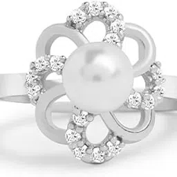 Silver Tone Cubic Zirconia & Pearl Contemporary Brass Ring For Women-ZPFK19933-image-4
