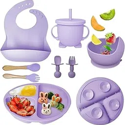 Richtots Premium Silicone Baby Feeding Set, Complete 8-Piece Baby Led Weaning Set | Baby Feeding Product,Suction Plate, Bowl,Cup, 2 Spoon, 2 Fork and Bib for Baby Sky Blue (Purple)-picture-17