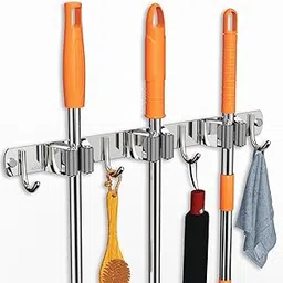 Kepzell Mop Broom Holder Wall Mount Stainless Steel Tool Hanger Storage Organizer For Home, Kitchen, Garage, Garden, Laundry Room, Bathroom and Closet Shelves (1Pcs) (3 Rack 4 Hook)-picture-10