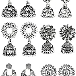 dew mat Traditional Oxidised Silver Jhumka Earrings Set, Antique Ethnic Design with Crystal Stones, 6 Pairs-picture-13
