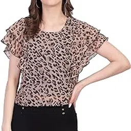 first arrival Women's Pink Animal Printed Ruffle Sleeve Top, Western Style, V-Neck-picture-56