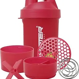 SHIFTER GYM SHAKER BOTTLE BPA FREE WITH 2 CONTAINER COMPARTMENT WITH NET AND BALL 500 ml Shaker (Pack of 1, Red, Plastic)-picture-12