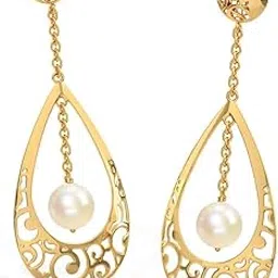 caratlane 18 KT Yellow Gold Jayme Cutout Pearl Drop Earrings For Women-picture-30