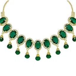 Green Oval Stone Drop Jewellery Set for Women | Gold Finish Necklace with Earrings | Wedding Party Ethnic Fashion Jewellery-picture-55