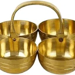 Effigy onlinehub BrassSmall Brass Puja Roli Chawal, Elaichi, Mishri 4 Bowl Stand/Brass Chowmukh Haldi Kumkum Holder Chowmukh 4 Bowl Holder Patra for Home Temple (Large)-picture-55