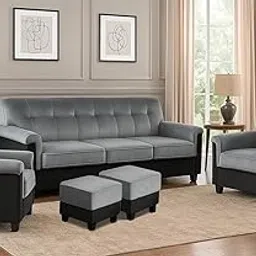 FURNY Woodswave 5 Seater Sofa Set with Velvet Fabric, 3+1+1+2 Puffy Sofa Set for Living Room (Light Grey-Black) | Durable & Comfortable | Ideal for Living Room-picture-12